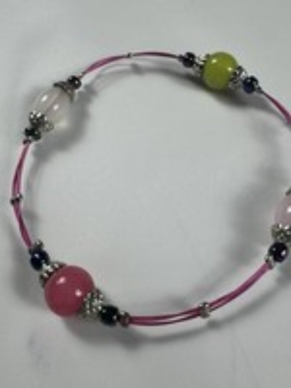 Handmade Multi Strand Memory Wire Bracelet Pink Green Beads Silver Cap 3 Inch